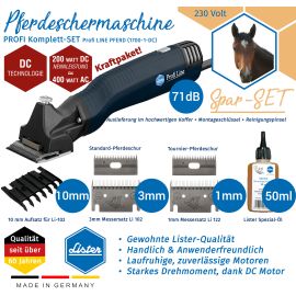Lister Profi-Pferdeschermaschinen-SET | Für Standard-Schur (3mm) + Tournier-Schur (1mm) + 10mm Aufsteck-Kamm (Winterschur) | 400Watt AC | Optimale Schermaschine für Pferde